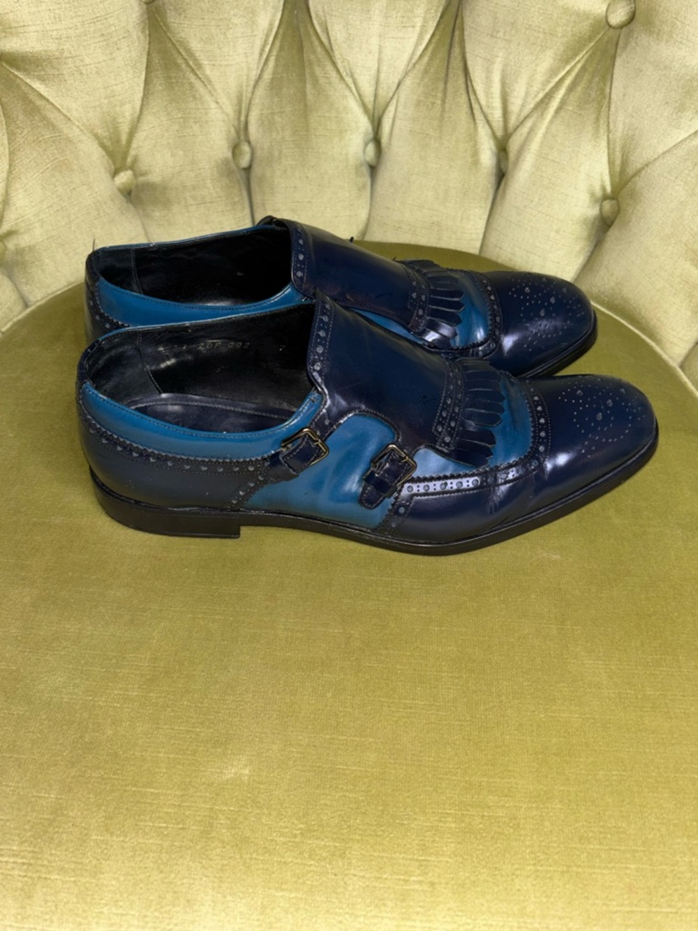 Prada Men's two tone navy blue shiny Leather Dress Monk Shoes w/ Tassel size 7 - Picture 5 of 10